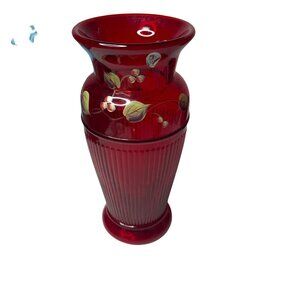 Fenton Ruby Red Floral Hand Painted Art Glass Vase 9.5” Signed S. Hopkins